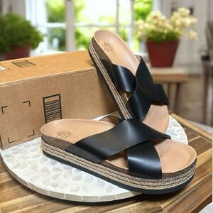 Aquatalia $295 Ariana Espadrille Platform Slide Sandals Black Leather Slip-On Wo